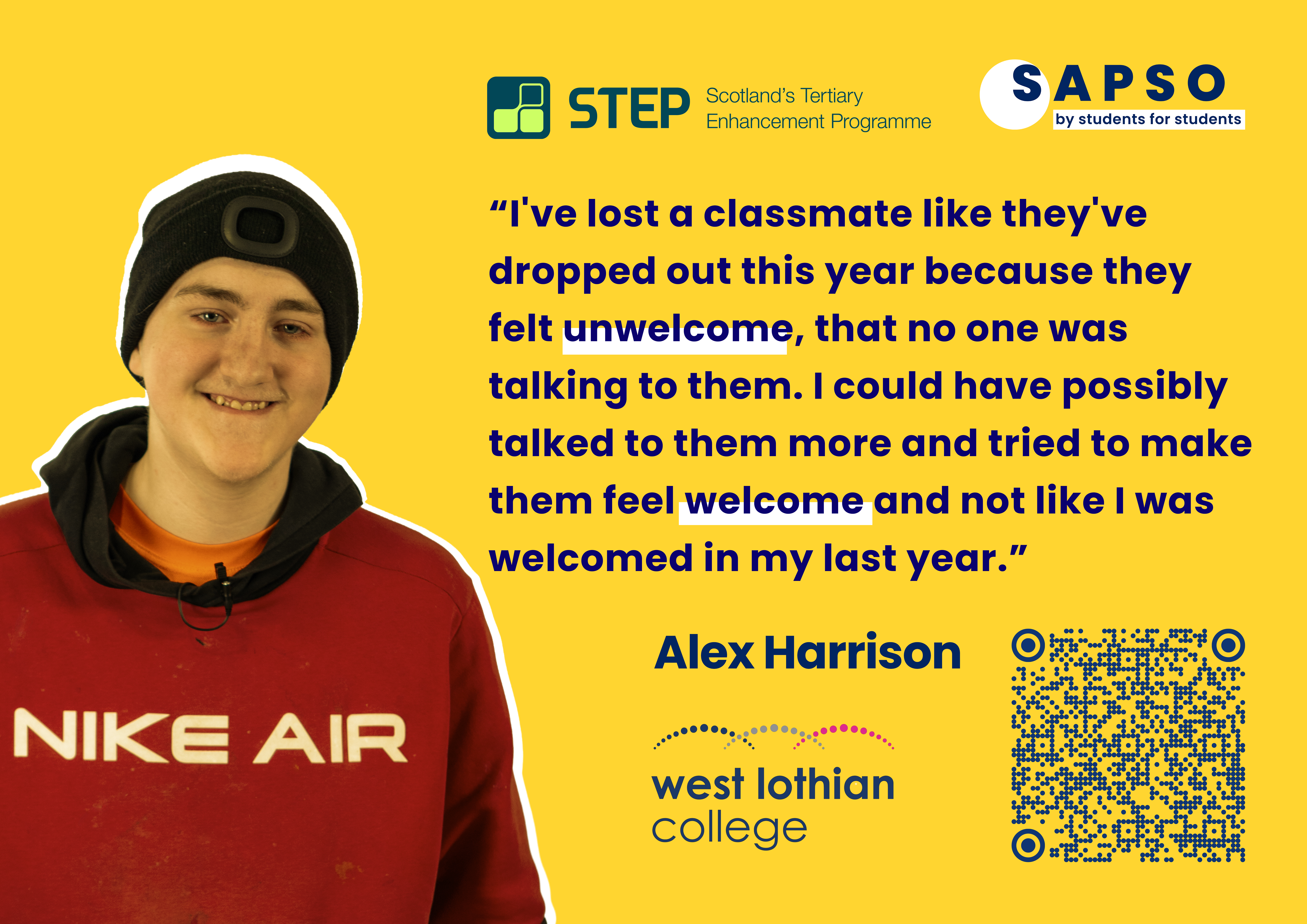 Quote by Alex Harrison, "I've lost a classmate like they've dropped out this year because they felt unwelcome, that no one was talking to them. I could have possibly talked to them more and tried to make them feel welcome and not like I was welcomed..."