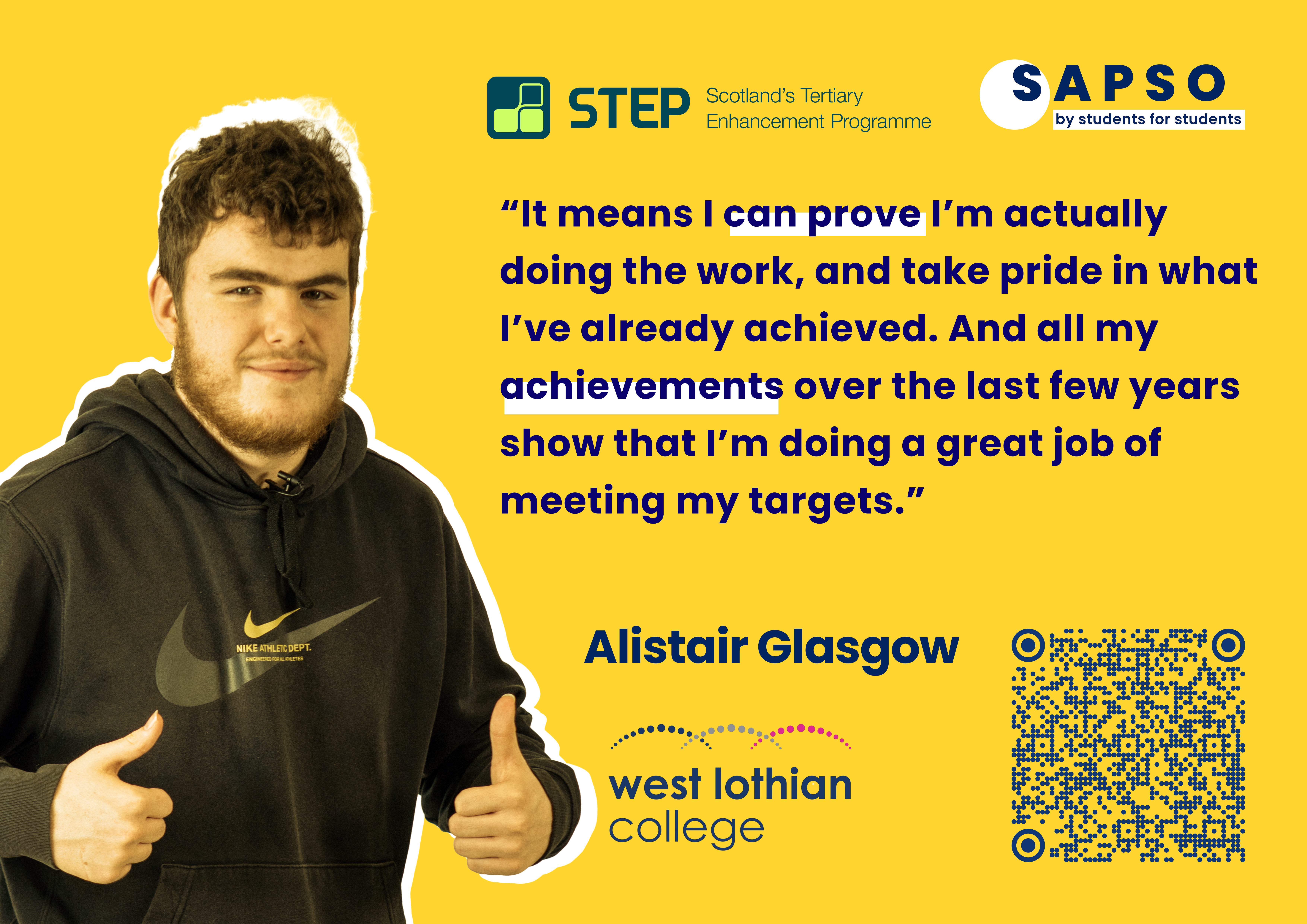 Quote by Alistair Glasgow at West Lothian college, "It means I can prove I'm actually doing the work, and take pride in what I've already achieved. And all my achievments over the last few years show that I'm doing a great job of meeting my targets."